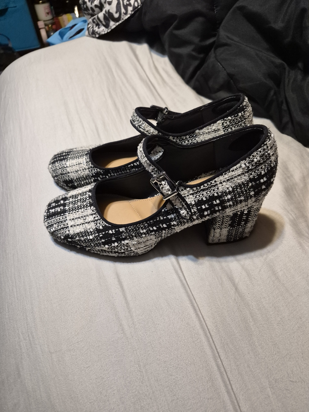 Black & White Tweed Mary Jane Block Heel Pumps - Women Shoes